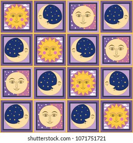 vector illustration - seamless pattern with smiling sun and moon on yellow background