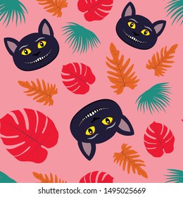 Vector illustration of seamless pattern with smiling Cheshire cat and tropical leaves. Tricky animal character face for fabric print.