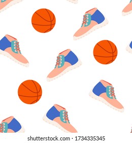 Vector illustration seamless pattern sneakers and basketball balls