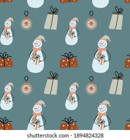 Vector illustration. Seamless pattern with a snowman and gifts. 