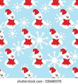 Vector illustration seamless pattern with snowman on blue background with snowflakes. Background