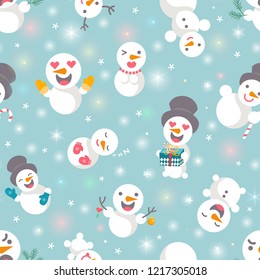 Vector illustration: seamless pattern with Snowmen with different emotions with sparkles confetti isolated on blue background. Design for Christmas scrapbooking, wallpaper, fabics, wrrapping paper