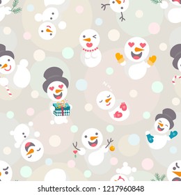 Vector illustration: seamless pattern with Snowmen with different emotions with sparkles confetti isolated on creamy background. Design for Christmas scrapbooking, wallpaper, fabics, wrrapping paper