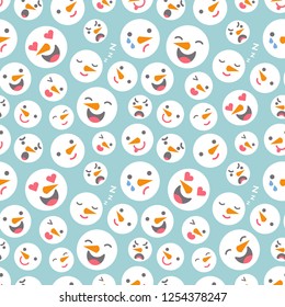 Vector illustration: seamless pattern with Snowmen heads with different emotions in different position on blue background. Design for Christmas scrapbooking, wallpaper, fabics, wrapping paper