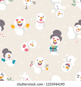 Vector illustration: seamless pattern with Snowmen with different emotions with sparkles confetti isolated on creamy background. Design for Christmas scrapbooking, wallpaper, fabics, wrapping paper
