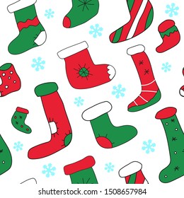 vector illustration of a seamless pattern of socks and snowflakes for Christmas. Stockings. Isolated on white background.