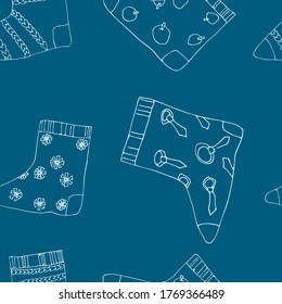 vector illustration seamless pattern of socks with a different pattern with a blue outline on a dark blue background