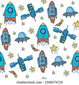 Vector Illustration. Seamless pattern from space elements on white background. Good for card, poster, banner, invitation, postcard, icon. EPS 10