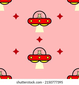 Vector illustration seamless pattern spaceship ufo with alien on red background.