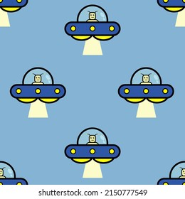 Vector illustration seamless pattern spaceship ufo with alien on blue background.