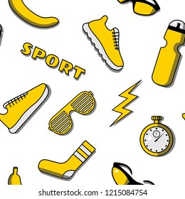 Vector illustration seamless pattern with sport icons: sunglasses, socks, banana, stopwatch, water bottle, sneakers, lightning