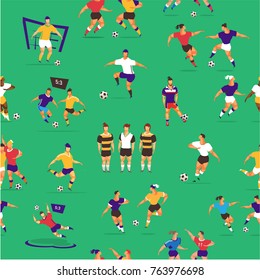 vector illustration seamless pattern sport soccer players hold match on green field background