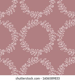 Vector illustration. Seamless pattern with spring wreaths  isolated on a dirty rose background. Hand drawn doodle clipart. Perfect for cards, banner,gift wrapping, wedding projects.