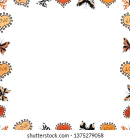 Vector illustration. Seamless pattern. Square frames doodles. Illustration in white, orange and black colors.