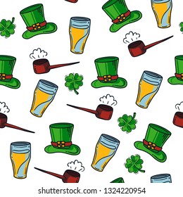 Vector illustration. Seamless pattern from St. Patrick's Day elements on white background. Good for card, poster, banner, invitation, postcard, icon. EPS 10