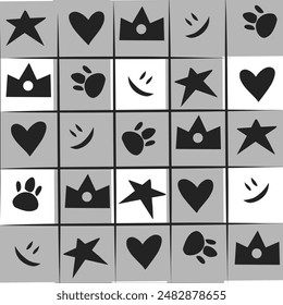 vector illustration of seamless pattern of stars, crowns, dog footprints, smiles, and hearts. Doodle pattern.