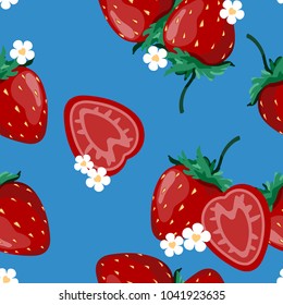 Vector illustration of Seamless pattern with strawberries on blue background.