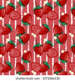 Vector illustration of Seamless pattern with strawberries on red background.