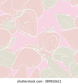 Vector illustration of seamless pattern with strawberry. Pale pastel linear graphic: green,pink,white. Hand drawing. Good for textile printing.Perfect for wrapping paper, designer paper for notebooks