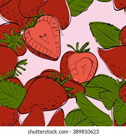 Vector illustration of seamless pattern with strawberry. Limited color linear graphic: green, black, red, pink. Hand drawing. Good for textile printing.Perfect for wrapping paper, etc.