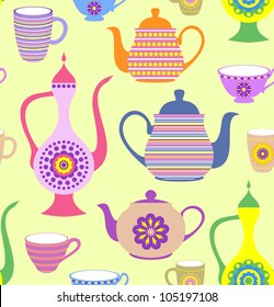 Vector illustration of seamless pattern with striped teapots and cups