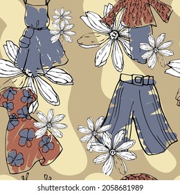 ilustración vectorial sin costura patrón elegante,contorno de prendas de vestir,flores,manchas abstractas,para papel pintado o tela
