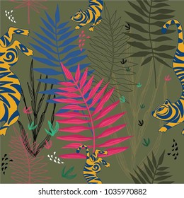 Vector illustration. Seamless pattern. Stylized tiger and tropical plants.