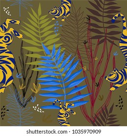 Vector illustration. Seamless pattern. Stylized tiger and tropical plants.