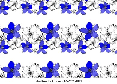 Vector illustration. Seamless pattern of stylized flowers in the style of hand drawing in black contours and in blue. Seamless pattern in the shape of a border.