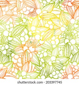 Vector illustration. seamless pattern of stylized leaves and fruits of cocoa beans. Watercolor background.