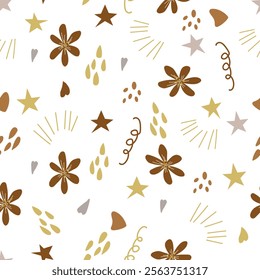 Vector illustration of a seamless pattern of stylized flowers and stars in natural tones. The design is rich in organic shapes and lines. Abstraction pattern children's illustration.