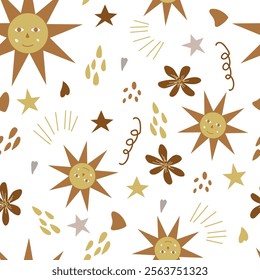 Vector illustration of a seamless pattern of stylized flowers and stars in natural tones. The character is a sun with abstract lines. Abstraction pattern children's illustration.