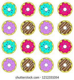 Vector illustration seamless pattern with sugar icing glazed donuts. Flat style. Yellow, pink, purple, chocolate colors, black outline, white background