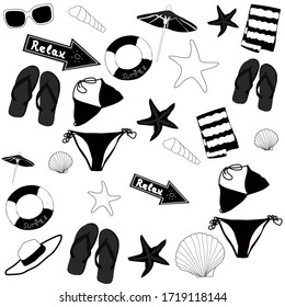 Vector illustration of seamless pattern with summer symbols in black and white color. 