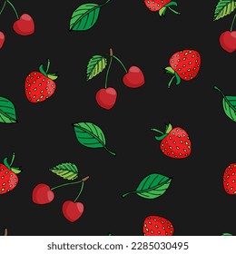 vector illustration of a seamless pattern summer berries strawberry and cherry with leaves on a black background