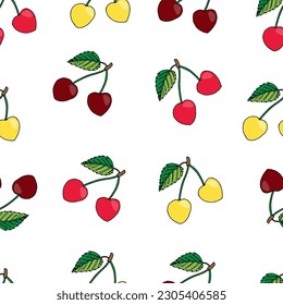 vector illustration seamless pattern of summer berries. Yellow, red and burgundy sweet cherries on white background