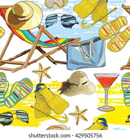 Vector illustration of seamless pattern summer, recliner on the sand with hat, sunglasses, ball and Slide Beach Sandal. Summer holiday. Hand drawn sketch elements for wrapping paper, web, wallpaper,