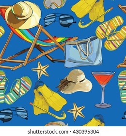 Vector illustration of seamless pattern summer, recliner on the sand with hat, sunglasses, ball and Slide Beach Sandal. Summer holiday. Hand drawn sketch elements for wrapping paper, web, wallpaper.