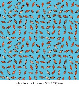 Vector illustration. Seamless pattern of sweet candy on blue, orange and black colors.
