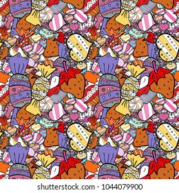 Vector illustration. Seamless pattern of sweet candy on black, white and orange colors.