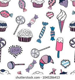 Vector illustration. Seamless pattern of sweet candy on white, black and neutral colors.