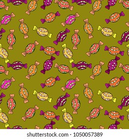Vector illustration. Seamless pattern of sweet candy on green, black and orange colors.