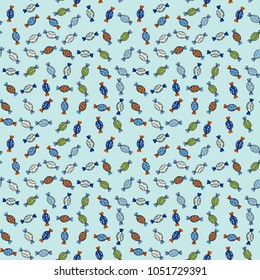 Vector illustration. Seamless pattern of sweet candy on neutral, blue and black colors.