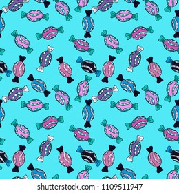 Vector illustration. Seamless pattern of sweet candy on blue, black and gray colors.