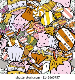 Vector illustration. Seamless pattern of sweet candy on black, white and neutral colors.