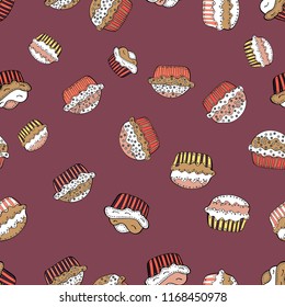 Vector illustration. Seamless pattern with sweet Cupcakes pattern. Nice birthday background on purple, white and beige. Sweets background design.