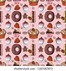 vector illustration of seamless pattern of sweet pastries, cupcake cakes, gingerbread man, isolated background