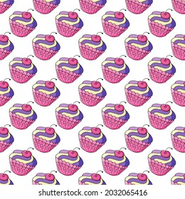 Vector illustration. Seamless pattern with sweet pastries. Cute muffins, cupcakes. Texture for fabric, wrapping, wallpaper