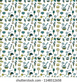 Vector illustration. Seamless pattern with sweets candies, hand drawn isolated on a white, blue and green background.