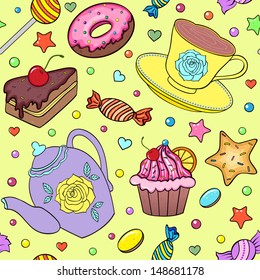 Vector illustration of seamless pattern with sweets, teapot and cup